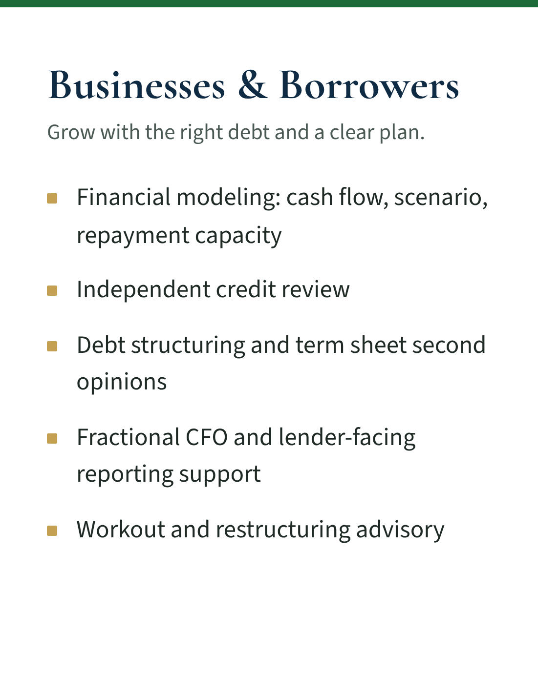 Services for businesses and borrowers: financial modeling, independent credit review, debt structuring and term sheet second opinions, fractional CFO and reporting support, workout and restructuring advisory